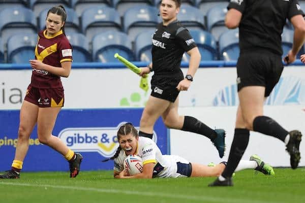 Elle Frain was injured scoring this try for Rhinos against Huddersfield. Picture by John Clifton/SWpix.com.