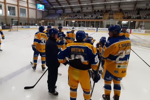 FRESH START: Head coach Ryan Aldridge chats with his Leeds Knights players at the recent open training session held at Elland Road Ice Rink.