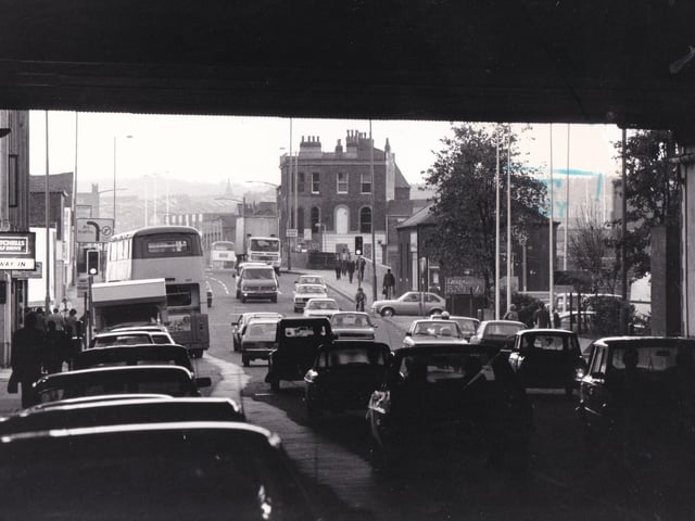 The Dark Arches looking up Neville Street in October 1980.