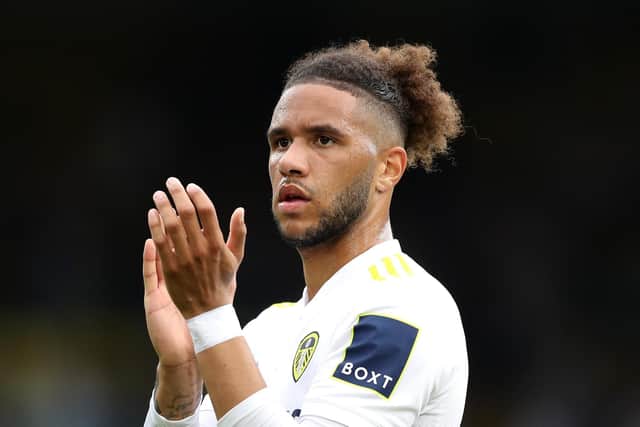 LEEDS, ENGLAND - SEPTEMBER 25: Tyler Roberts of Leeds United applauds the fans following the Premier League match between Leeds United and West Ham United at Elland Road on September 25, 2021 in Leeds, England. (Photo by George Wood/Getty Images)
