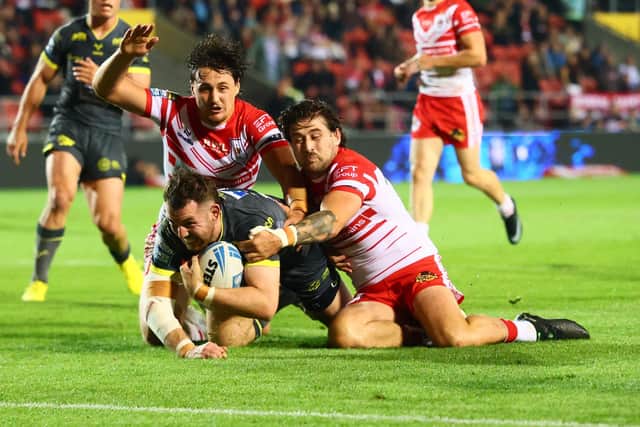 Leeds Rhinos' Cameron Smith, seen scoring against St Helens, is playing his "best rugby", according to fan David Muhl. Picture by Paul Currie/SWpix.com.