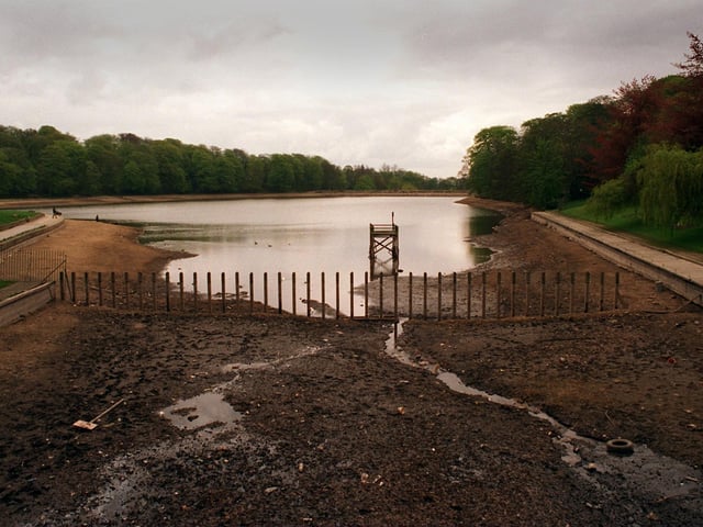 The low level of water at Waterloo Lake in Roundhay Park in May 1996.