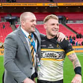 York Knights coach Mark Applegarth celebrates with man of the match Liam Harris following the 1895 Cup final win against Featherstone Rovers. Picture by Allan McKenzie/SWpix.com.