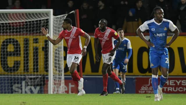 Rovers look dejected after Jonathan Obika's equaliser for Morecambe. Picture: Howard Roe/AHPIX