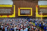 A message appeared on the screen at the Main Stage West after Lil Tjay failed to turn up for his set (Photo by National World)