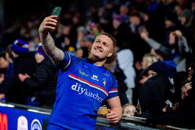 Wakefield Trinity's Caius Faatili celebrates with fans following last week's victory against Leeds Rhinos in the Betfred Challenge Cup. Picture by Allan McKenzie/SWpix.com.