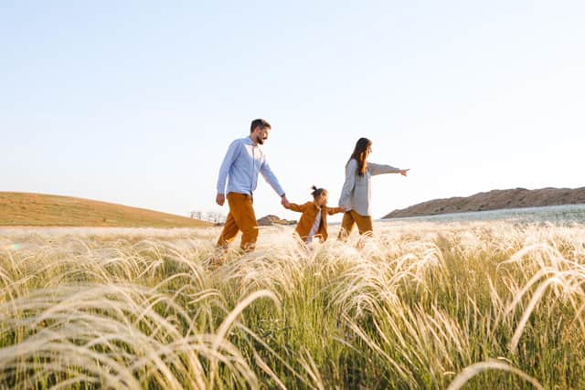 A family walks in a summer field