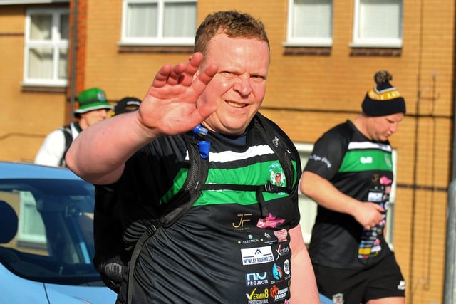 One of the walkers leaving Stanningley Amateur Rugby League Club.