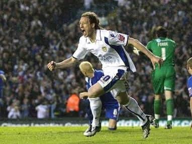 Luciano Becchio celebrates his goal in front of a capacity crowd during Leeds United's dramatic play-off semi-final against Millwall in 2009