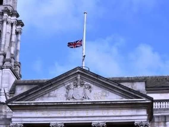 The Union Flag flying at half mast  at Leeds Civic Hall today