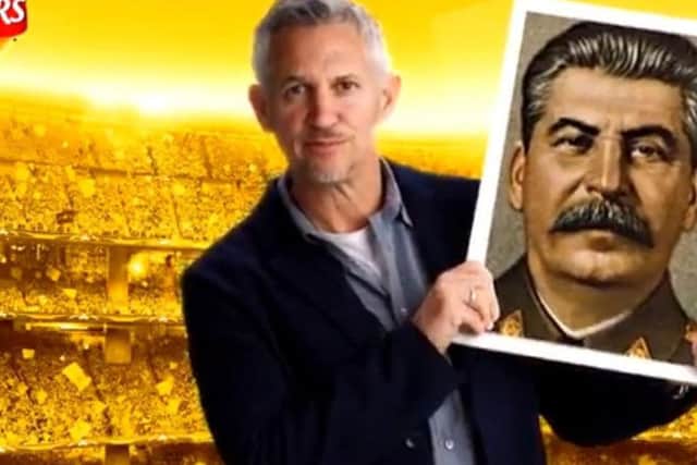 An image of Gary Linker holding up Joseph Stalin in the Walkers social media campaign