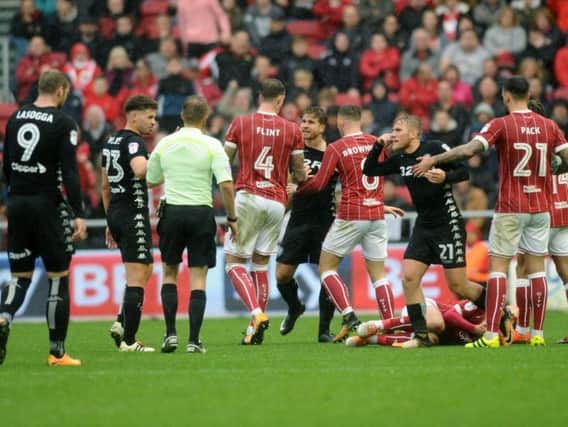 Bristol City and Leeds United players scuffle after Gaetano Berardi's clash with Matty Taylor