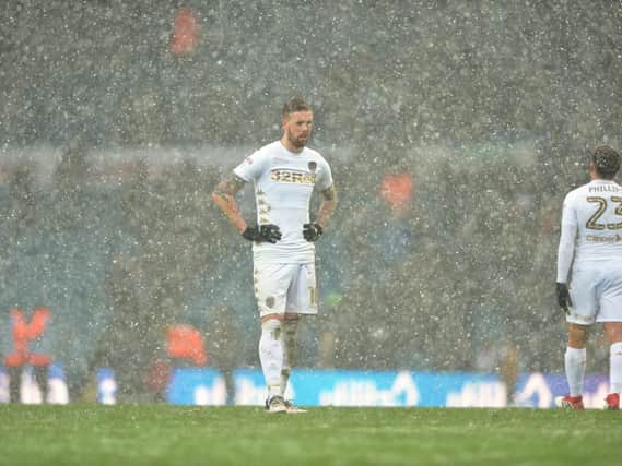 NOT AGAIN: Leeds United centre-back Pontus Jansson shows his obvious frustration as the snow falls in the aftermath of Saturday's 2-1 loss at home to Sheffield Wednesday.