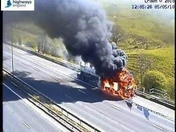 Highways England footage of the lorry fire on the M62 earlier this month which led to hours of delays for weekend motorists.
