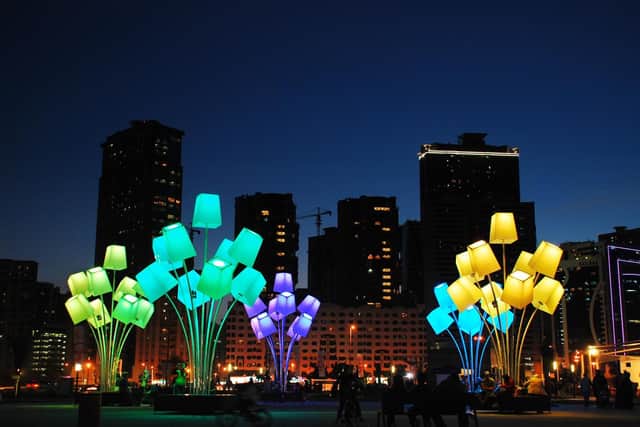 Bouquet DAbat Jour, a series of giant illuminated lampshades will appear on Victoria Gardens after being  brought to Leeds by French artists TILT.