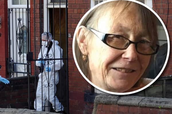 Forensic officers at the house in Berkeley Mount, Harehills, Leeds where Angela Conoby (pictured, inset) was allegedly murdered.
