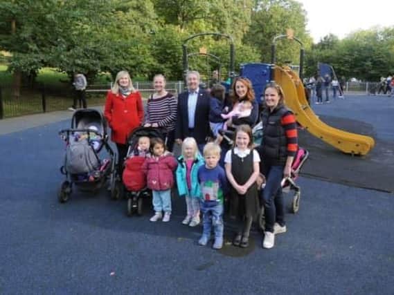 GREAT EFFORT: Fundraising mums Sara Dawson, second right, and Petra Smith, right, with Richard Critchley, chairman of FoRP, centre, pictured with mums using the park, left. PIC: Simon Hulme