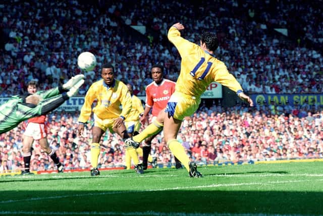Gary Speed goes close at Old Trafford. Bryan Robson rescued a point for the Red Devils after Lee Chapman had given the Whites the lead early on.