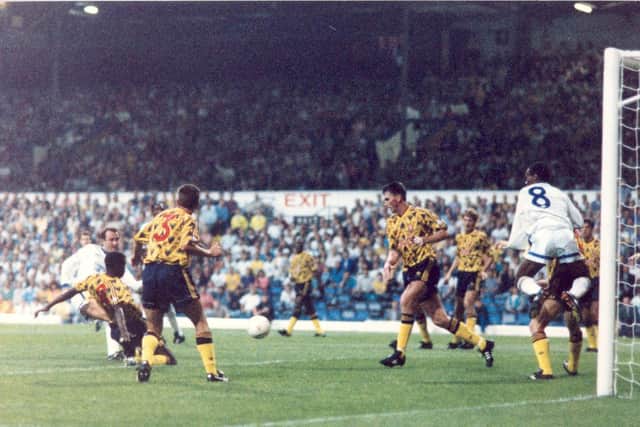 Rod Wallace takes evasive action as Gary McAllister fires for goal. The Whites came back from 2-0 to take a point.