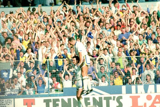 Steve Hodge celebrates with Mel Sterland after scoring what proved to be the winning goal in front of 32,917 fans at Elland Road.
