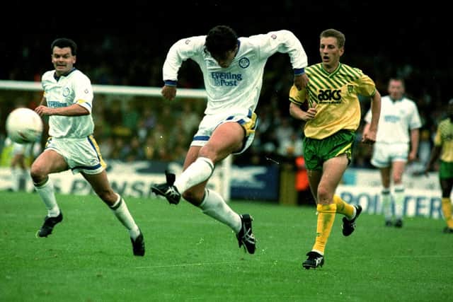 Gary Speed scores for Leeds United at Carrow Road.