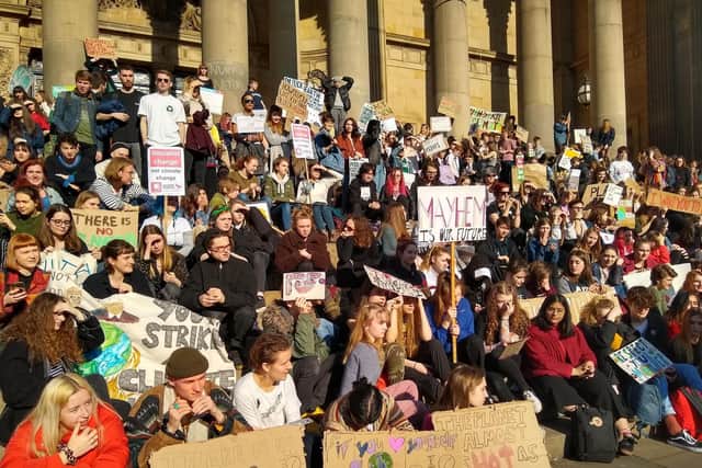 Around 300 young people gathered on the steps of Leeds Town Hall.