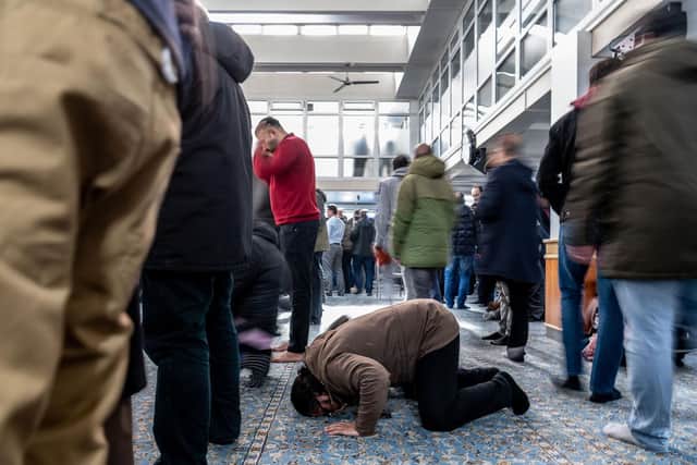 Worshippers at Leeds Grand Mosque today.