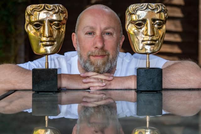 2019 BAFTA winner Mark Catley, with his awards for writing top TV soaps