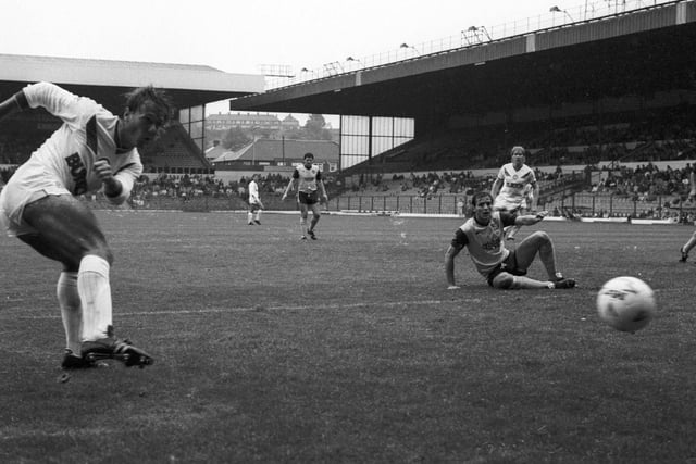Keith Edwards fires towards goal in front of 13,334 at Elland Road. The Whites took the three points thanks to goals from Ian Baird and John Sheridan.