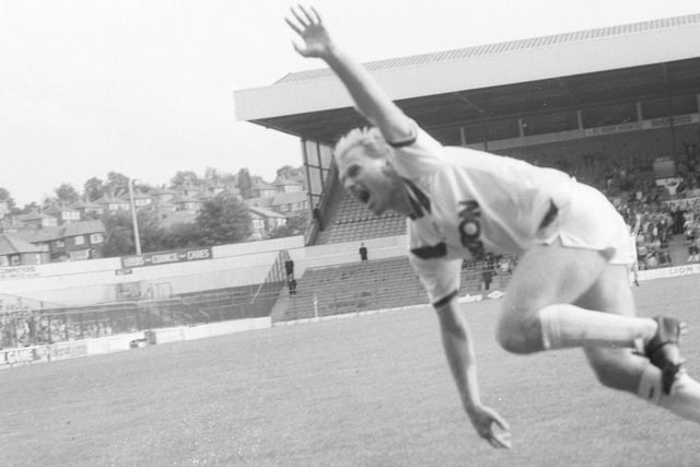 Andy Ritchie celebrates after scoring against the Royals. The other United goalscorers that day were John Buckley and Keith Edwards.