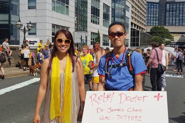 Protesters Sara Han, a university lecturer, and A&E doctor James Chan (right)