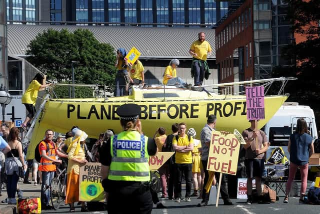 Protesters made speeches from on top of the boat, calling for an end to the fossil fuel industry and for the council to do more to reduce air pollution in Leeds.