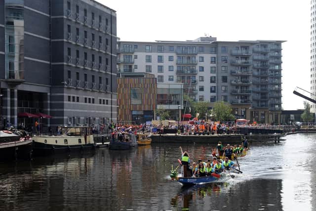 Leeds Dock was bought five years ago by private investors, and is now a cultural hub hosting events such as the Dragon Boat Race (pictured)