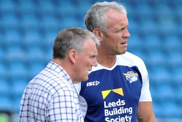 Gary Hetherington and Brian McDermott watch Leeds Rhinos' training session at Featherstone today. Picture Tony Johnson.