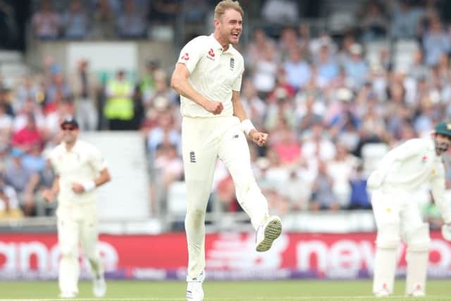 England's Stuart Broad celebrates taking the wicket of  Pakistan's Usman Salahuddin at Headingley. Picture: Martin Rickett/PA
