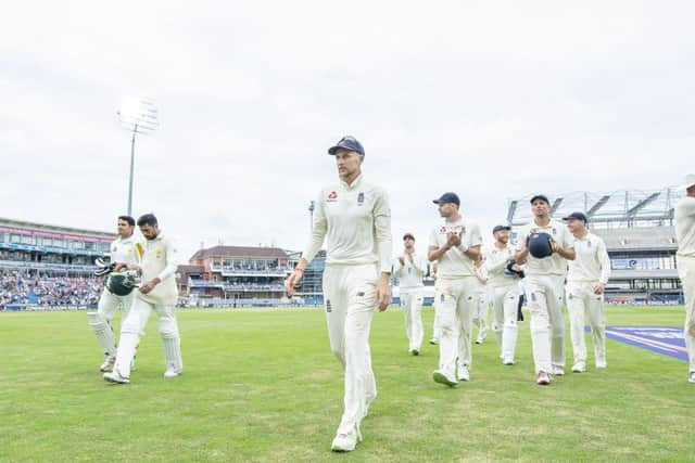 England captain Joe Root leads his team off the field after a comfortable victory inside three days over Pakistan at Headingley. Picture by Allan McKenzie/SWpix.com