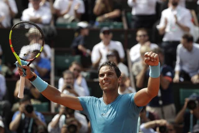 Spain's Rafael Nadal raises his arms in victory after defeating Germany's Maximilian Marterer in the fourth round of the French Open. Picture: AP/Alessandra Tarantino.