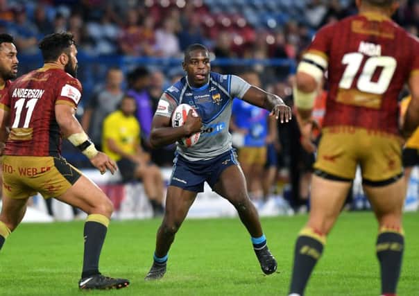 Giants winger Jermaine McGillvary in Ladbrokes Challenge Cup quarter-final action against Catalans Dragons.
 PIC: Jonathan Gawthorpe