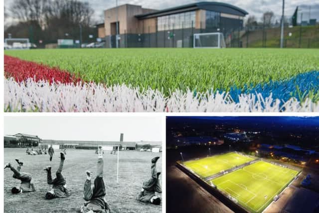 VISION: A Parklife-funded hub at Mosborough in Sheffield with, top, Leeds players training on Fullerton Park in 1970 and another hub at Graves in Sheffield.