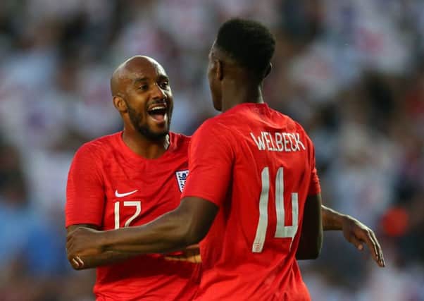 Danny Welbeck of England celebrates with team mate Fabian Delph of England after scoring his side's second goal against Costa Rica at Elland Road.  (Picture: Alex Livesey/Getty Images)