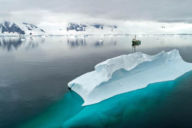 Photo issued by Greenpeace of their ship Artic Sunrise in Charlotte Bay, Antarctic Peninsula, as new research shows that Antarctica's most remote and pristine habitats are contaminated with microplastic waste and persistent hazardous chemicals.