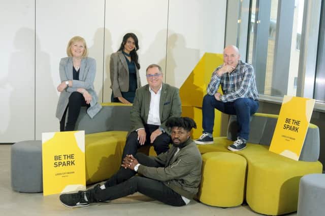 30 May 2018...... Members of the Leeds City Region team bidding for the new HQ for Channel 4. Sally Joynson (Screen Yorkshire) Suman Hanif (film maker), Roger marsh (chair Leeds City Region), Dave-O (musical artist), Andrew Sheldon (True North). Picture Tony Johnson.