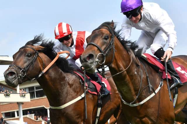 Sands Of Mali, ridden by Paul Hanagan (right), beats Invincible Army, ridden by James Doyle, by a photo finish to win the Armstrong Aggregates Sandy Lane Stakes (Class 1) at Haydock last month. PIC: Anthony Devlin/PA Wire