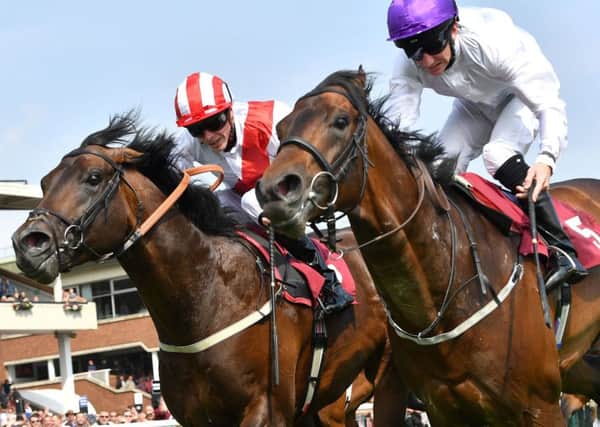Sands Of Mali, ridden by Paul Hanagan (right), beats Invincible Army, ridden by James Doyle, by a photo finish to win the Armstrong Aggregates Sandy Lane Stakes (Class 1) at Haydock last month. PIC: Anthony Devlin/PA Wire