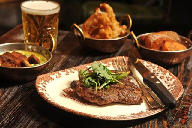 20 June 2018......   Oliver,  Don't Tell The Duke,  6-8 Bank St, Wetherby8oz sirloin with sides of triple cooked chips, shredded leaks, onion rings. Picture Tony Johnson.
