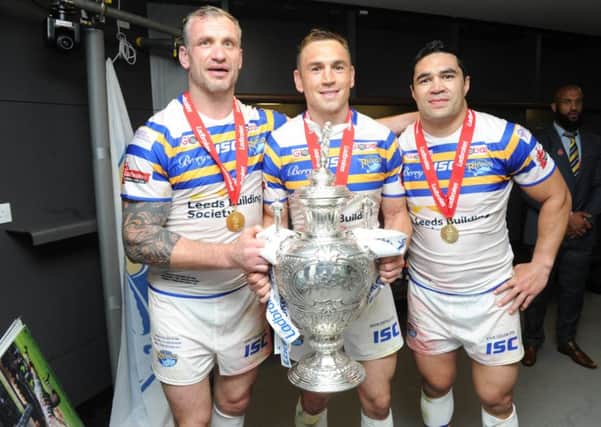 Rhinos legends Jamie Peacock, Kevin Sinfield and Kylie Leuluai with the Challenge Cup the last time Leeds won it in 2015.