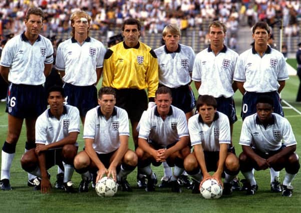 SHOWTIME: England team line-up before the 1990 World Cup semi-final against Germany. Back Row (from left to right): Terry Butcher, Mark Wright, Peter Shilton, Stuart Pearce, David Platt, Gary Lineker: Front Row (l-r): Des Walker, Chris Waddle, Paul Gascoigne, Peter Beardsley and Paul Parker. Picture: Mark Leech/Getty Images.