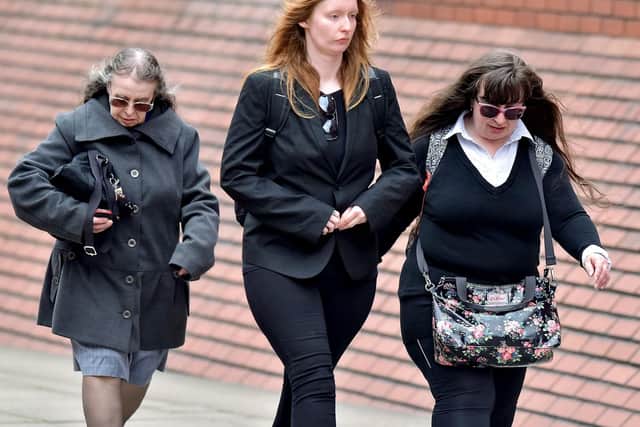 (L-R) Denise Cranston, Abigail Burling and Dawn Cranston arrive at Leeds Crown Court.