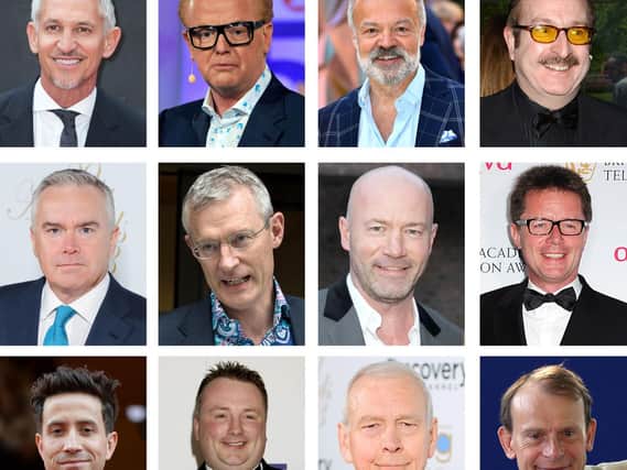 (Top row left to right) Gary Lineker, Chris Evans, Graham Norton, Steve Wright, (middle row left to right) Huw Edwards, Jeremy Vine, Alan Shearer, Nicky Campbell, (bottom row left to right) Nick Grimshaw, Stephen Nolan, John Humphrys and Andrew Marr. PA/PA Wire