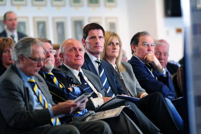 GONE: Former chairman of Yorkshire CCC, Steve Denison (centre), at the club's AGM in March 2015.
Picture: Jonathan Gawthorpe.
